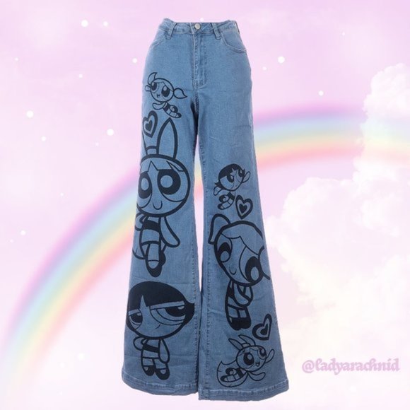 Dolls Kill Pants - DOLLS KILL x The Powerpuff Girls Wide Leg Flare Jeans